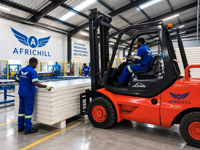 A worker guides stacked insulated panels as a forklift carries them through Africhill’s South African manufacturing facility.